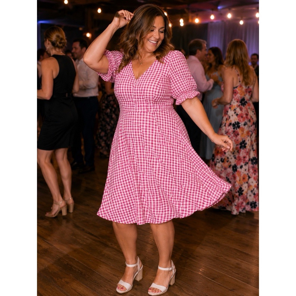 1 State Pink White Checked Pleated Lined XL Dress Baloon Sleeve 44 Bust 36 Waist